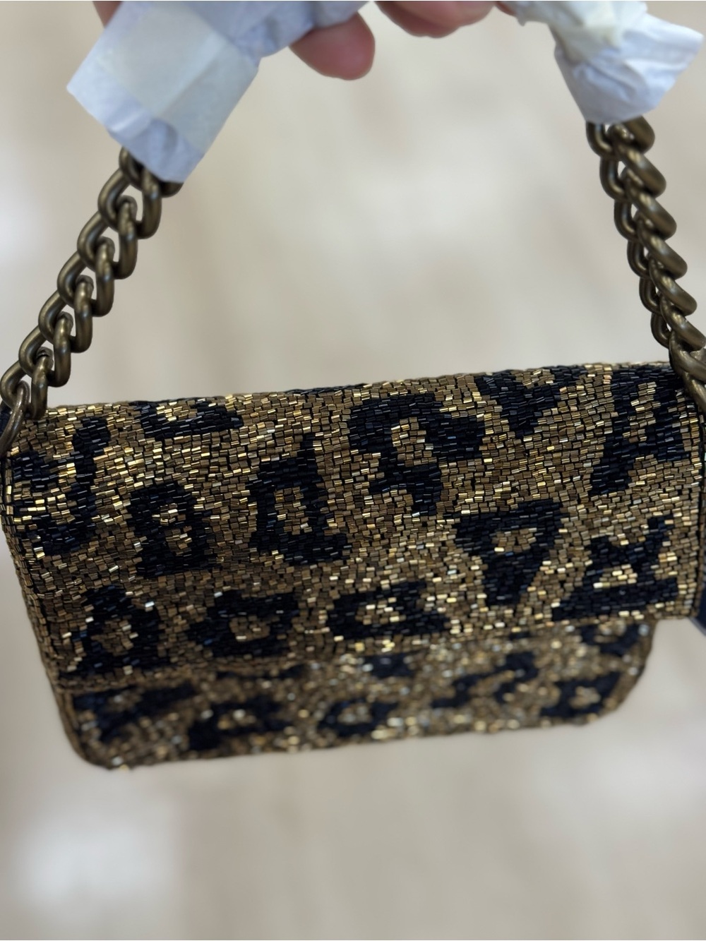 Gold and Black Beaded Leopard Print Shoulder Bag
